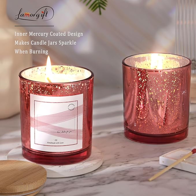 LAMORGIFT 10oz Rose Gold Empty Candle Jars With Lids - 12 Pack Making Containers - Mercury Glass Jars Include 15 Pcs Labels