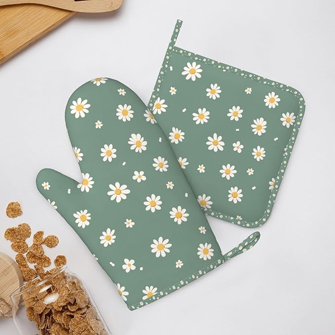 Oven Mitts and Pot Holders Daisy Flower Green Silicone Kitchen Accessories Set of 4 Heat Resistant Long Gloves Potholder Non-Slip Grip for Chef Cooking Baking Grilling BBQ