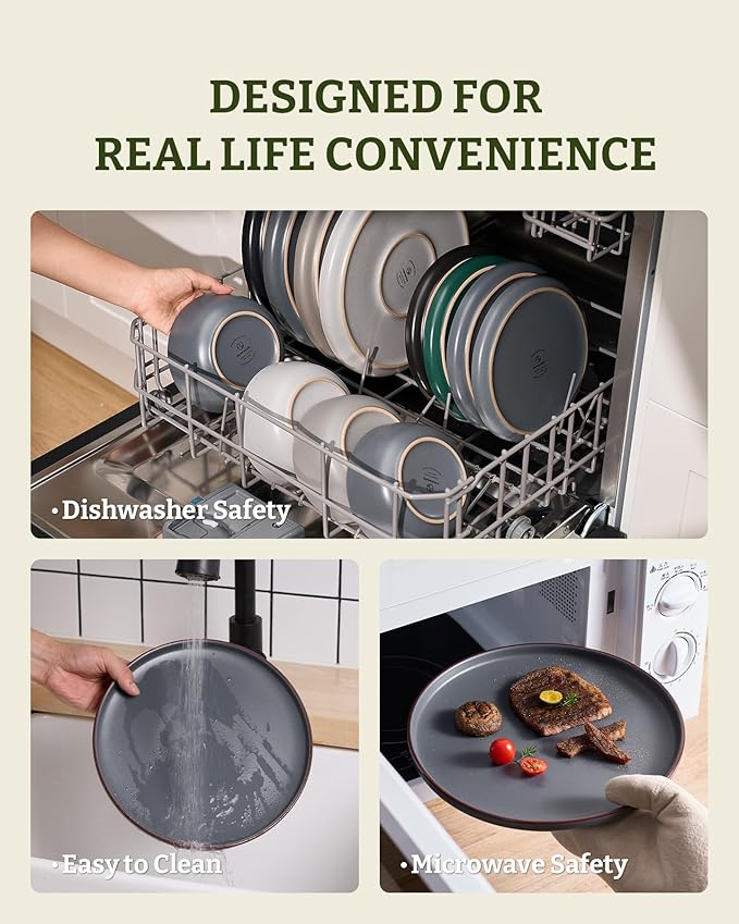 Famiware Mercury Dinnerware Sets with Pasta Bowls, Service for 4 (16 Pieces), Plates and Bowls Sets, Microwave and Dishwasher Safe Dishes Set, Charcoal