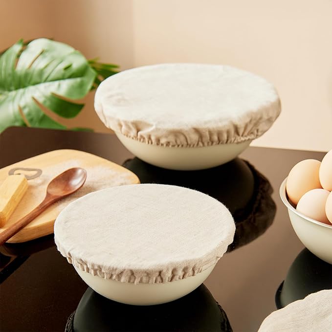 100% Pure Linen Bowl Covers For Bread Proofing, 2 Pcs 12 Inches Elastic Reusable Solid Color Cloth Fabric Bowl Covers,XL Organic Washable Large Stretch Sourdough Lids, Linen