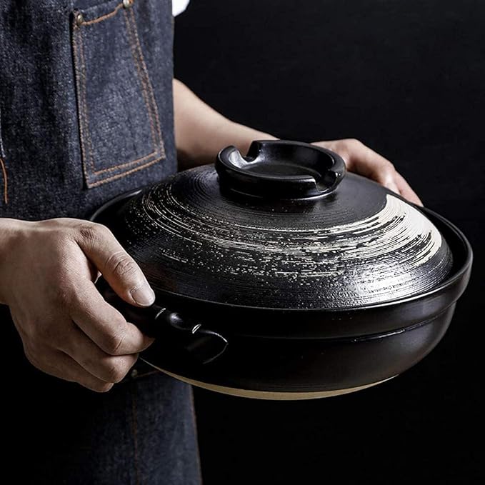 Round Casserole Dish Heat-Resistant Ceramic Casserole With Lid Soup Pot With Soup Pot Oil-Free Saucepan Japanese Donabe Hot Pot With Brushstroke Saucepan With Slow Stew W,B-0.9L
