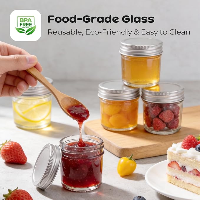 12 Pack 2 oz Small Mason Jars, Mini Glass Jars with Lids for Jam Ginger Shots Honey Spices Wedding Favors, Includes Labels, String & Handmade Tags