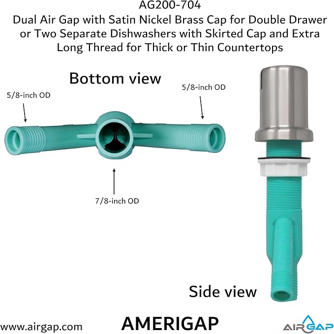 Dual Air Gap with Satin Nickel Brass Cap for Double Drawer or Two Separate Dishwashers with Skirted Cap and Extra Long Thread for Thick or Thin Countertops (AG200-704, AG200-X04, AMERIGAP)