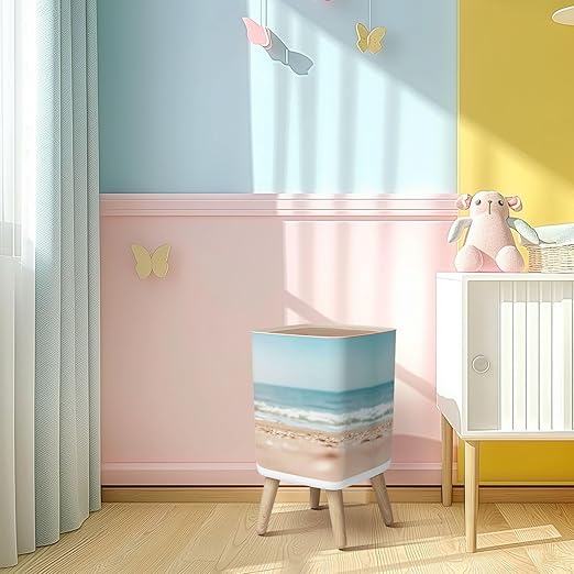 Small Trash Can with Lid Blurred sea Wastebasket with Press Cover Dog Proof Garbage Can Waste Bin for Kitchen Bathroom Nursery 2.6 Gallon