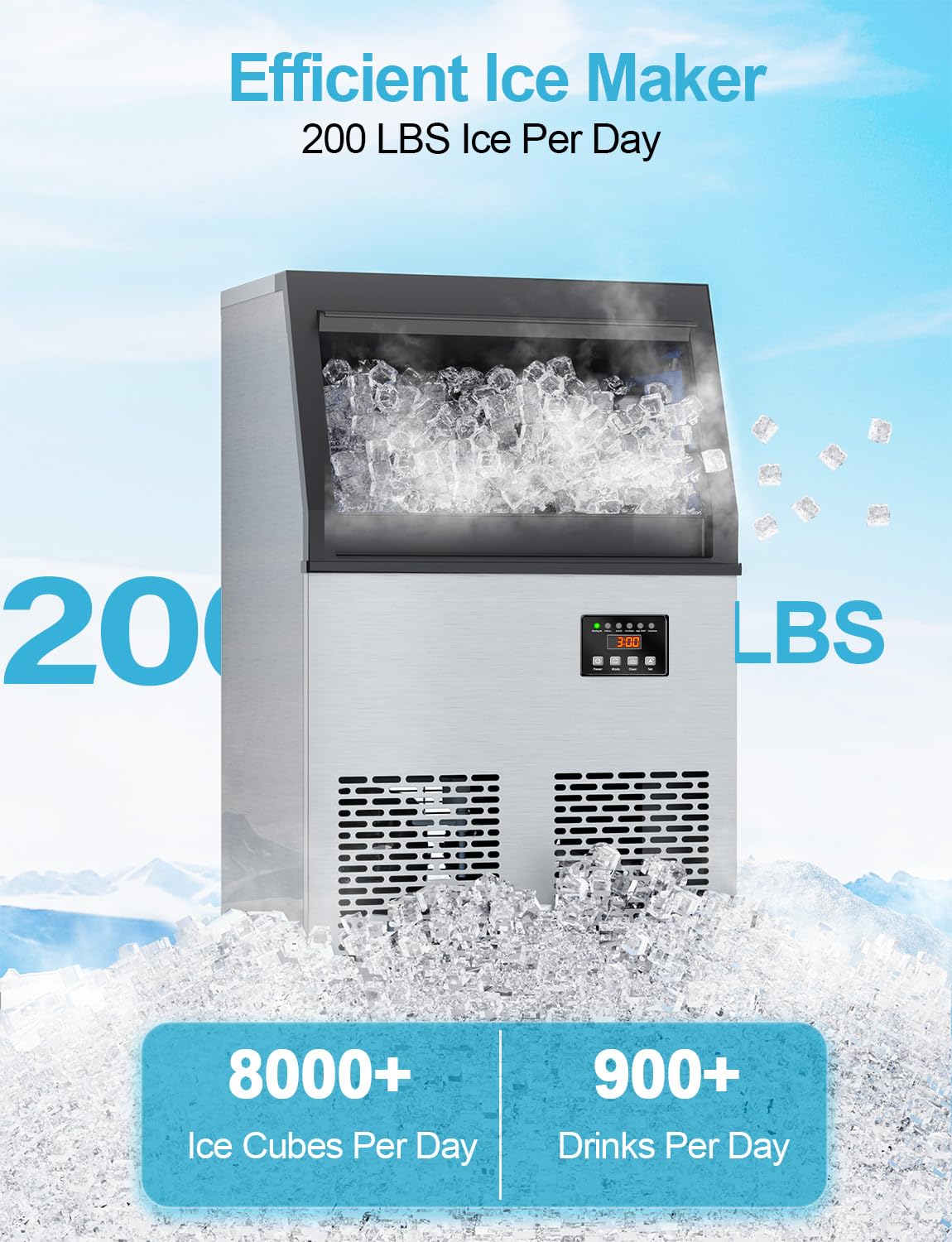 Commercial Ice Maker Machine, 200 lbs/24H Under Counter Ice Machine, Stainless Steel Freestanding Ice Makers for Restaurant, Home, Bar, Office, Party, Outdoor Activities