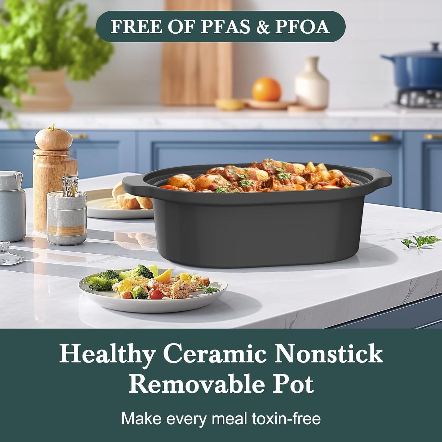 6 Quart Programmable Slow Cooker Removable Healthy Nonstick Crock Pot - Small Kitchen Appliance for Family Dinners - Serves 6+ People - Heat Settings: Keep Warm Olive Olive