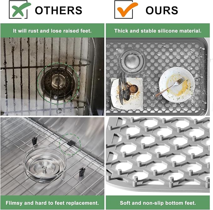 Sink Protectors for Kitchen Sink - Large 26.2"x 14" with Center Drain Hole Heat Resistant Easy Clean Non-slip Silicone Kitchens Sinks Mat for Bottom of Kitchen Sinks Stainless Steel(Grey)-66.5x35.6CM