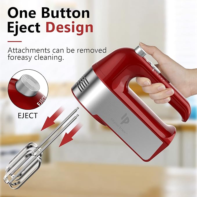 Hand Mixer Electric, 450W Kitchen Mixers with Scale Cup Storage Case, Turbo Boost/Self-Control Speed + 5 Speed + Eject Button + 5 Stainless Steel Accessories, For Easy Whipping Dough, Cream, Red