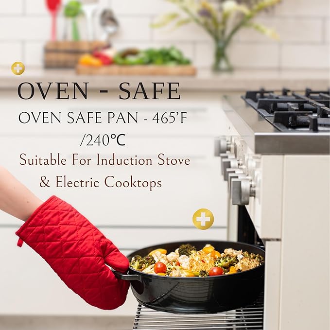 Moss & Stone 12 Inch Nonstick Large Skillet with Lid, 5 Quart Deep Saute Pan, Dishwasher & Oven Safe, Double Handled Frying Pan With Lid, PFOA Free Induction Compatible Cookware