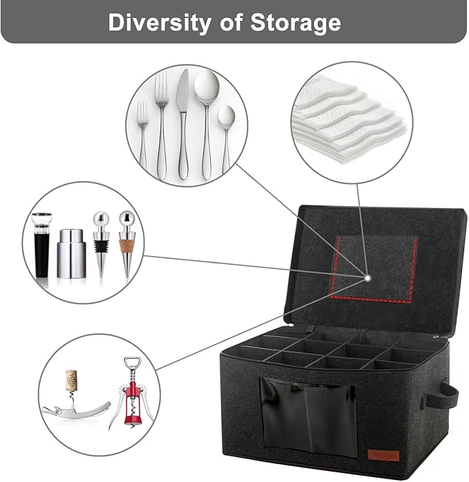 Foyego 2 Pack Wine Glass Storage Box with Dividers, Stemware Storage Containers for Packing and Moving, China Storage Containers Box for 12 Crystal Glassware, Wine Glasses, Drinkware,Dark Gray