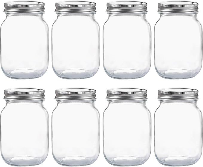 YINGERHUAN Glass Regular Mouth Mason Jars, 16 oz Clear Glass Jars with Silver Metal Lids for Sealing, Canning Jars for Food Storage, Overnight Oats, Dry Food, Snacks, Candies, DIY Projects (8PACK)