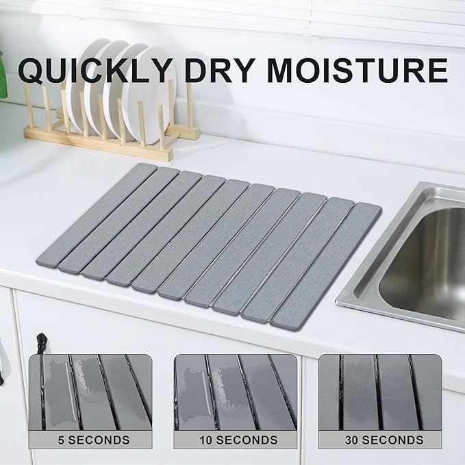 Large Stone Dish Drying Mat for Kitchen Counter, 24"×16" Quick Dry Collapsible Diatomaceous Earth Mat – Super Absorbent Foldable Drying Pad for Dishes (Light Gray, 23.2" x 15.4")
