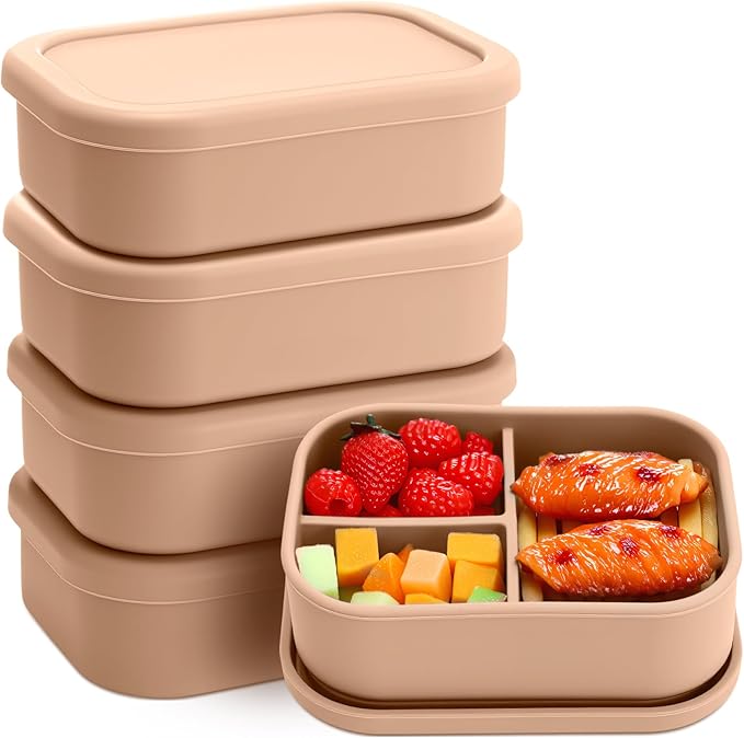 Honeydak 4 Pcs Silicone Bento Box for Adults, 3 Compartment Lunchable Food Container for Women Men, Leak Proof Microwave Dishwasher Freezer Safe (Yellow)