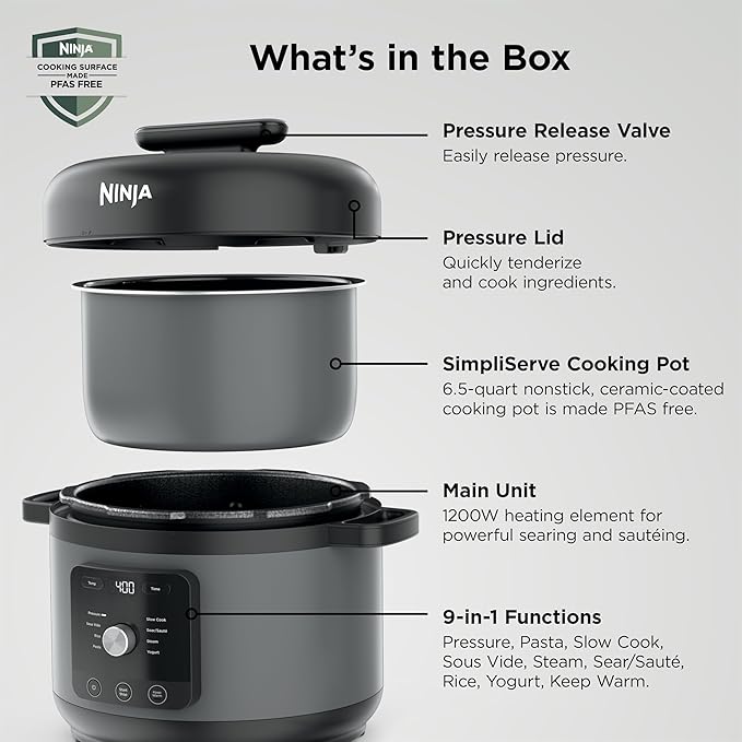 Ninja HyperHeat 9-in-1 6.5-qt Pressure Cooker | Steams, Slow Cooks, Sears, Sautés, Sous Vide, Yogurt & More | With SimpliServe Pot | Powerful 1200-Watt | Grey | PC201GY