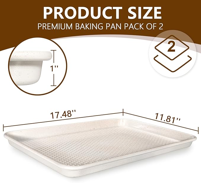 Wildone 2 Pack Half Sheet Baking Pans, Honeycomb Embossed Nonstick Baking Sheet 17.5x12 In, Thicker Carbon Steel Cookie Sheet, Even Heating & Warp Resistant, White