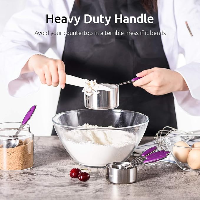 U-Taste 10 Piece Measuring Cups and Spoons Set in 18/8 Stainless Steel, and 18/8 Stainless Steel 3.9 inch 30 Mesh Strainer (Purple)