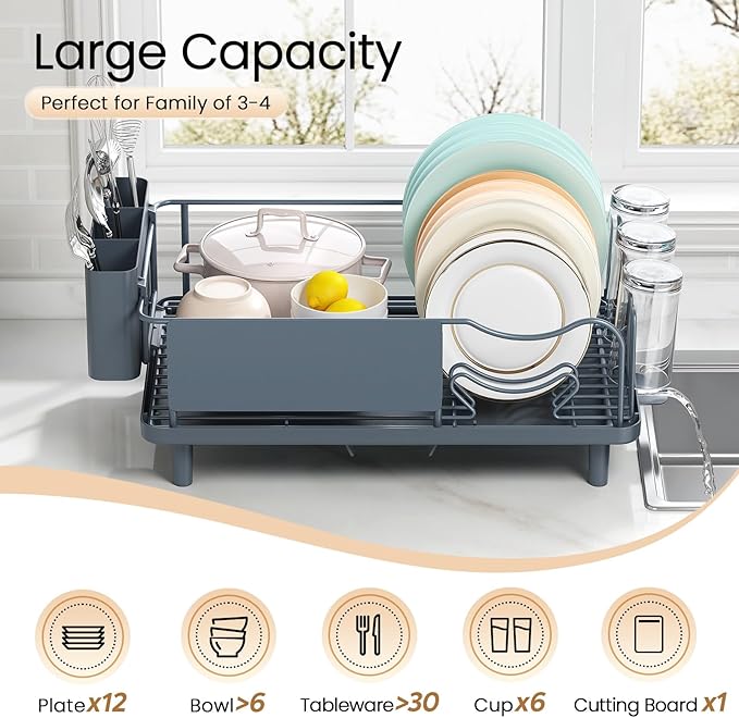 Dish Drying Rack Large Capacity - Stainless Steel Dish Rack for Kitchen Counter with Drain Board, Rustproof Dish Drainer with Auto Drain Spout, Utensil Holder & Glass Holder, Dinnerware Organizer