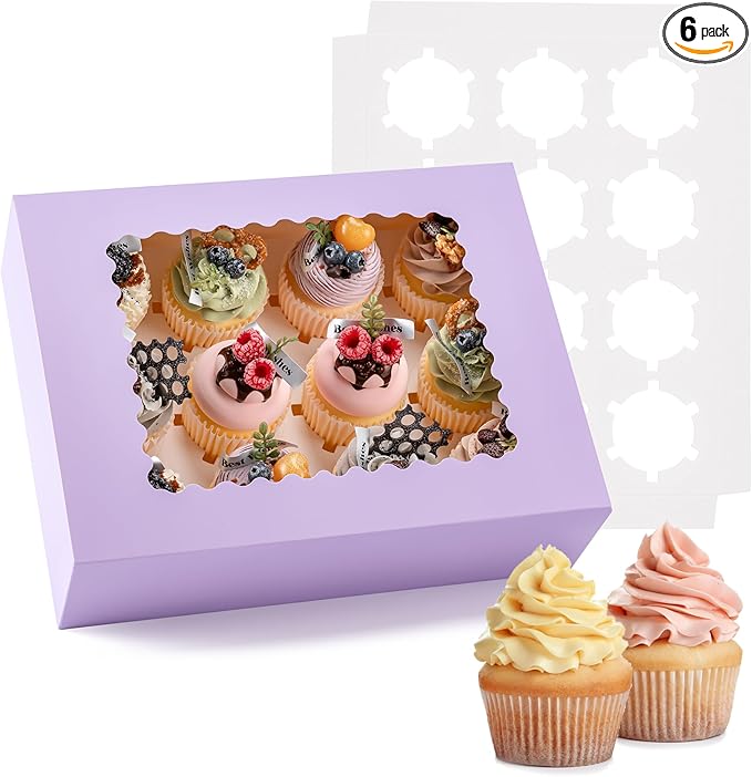 Hoewina 6PCS Cupcake Boxes - Hold 12 Count Cupcake Containers with Window, Food Grade Cupcake Holder Easy Transport and Presentation - Ideal for Cupcakes, Desserts, and More (Light Purple)