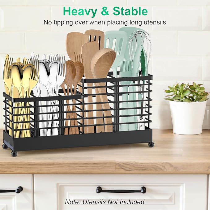 TomCare Utensil Holder with Water Absorbent Diatomite Stone 3 Removable Dividers Large Silverware Organizer Sturdy Cooking Utensils Organizer Caddy Metal kitchen Organizers and Storage for Counter
