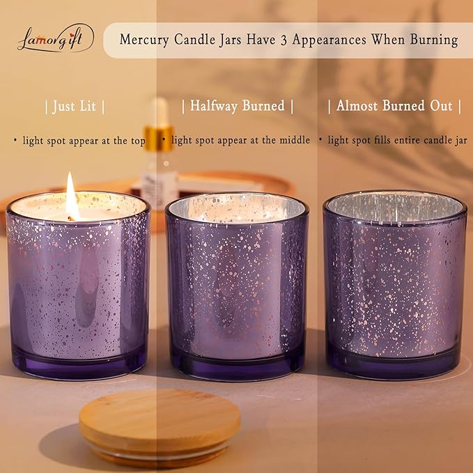 LAMORGIFT 12 Pack Glass Jars with Lids (10oz, Purple) - Making Containers for Candles - Mercury Glass Jars Include 15 Pcs Labels