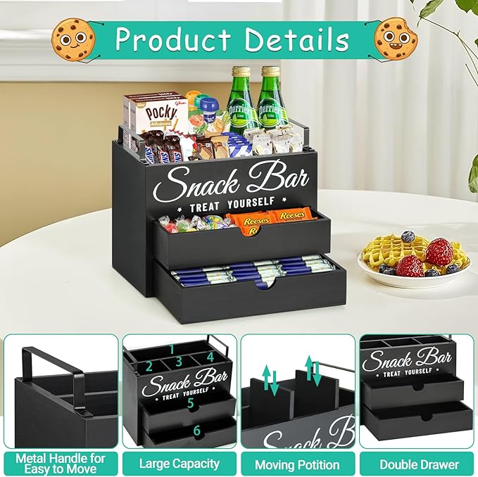 Snack Organizer for Countertop, Wood Pantry Storage Bins with Handles, Snack Organizer for Pantry, Kitchen, 4 Compartment Food Container Snack Box with 2 Drawers, Pantry Organizer for Snacks, Chips
