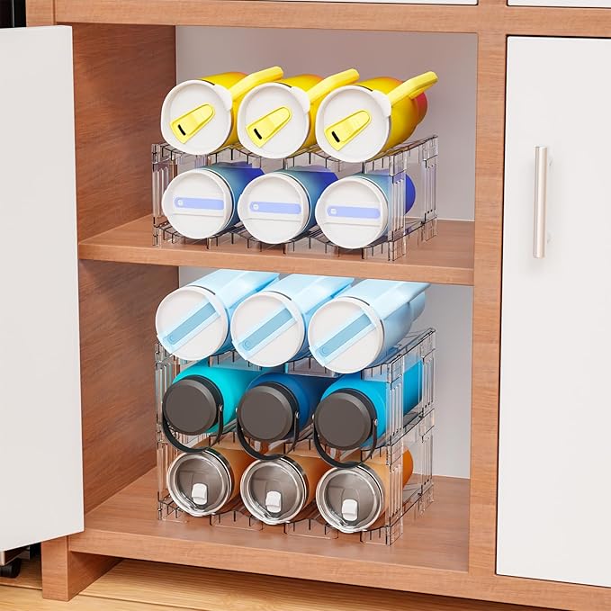 Yieach Large Stanley Cup Holder With Handle Groove,Stackable Tumbler and Water Bottle Organizer for Kitchen Cabinets,2 Tier Waterbottle and Cup Storage Organizer for 40 OZ Yeti,Owala,Yeti Storage