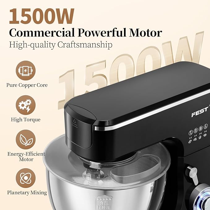 1500W 8.45QT Stand Mixer, 6-Speed Electric Dough Mixer with Whisk, Dough Hook & Beater, Large Capacity Kitchen Mixer for Baking Bread, Cakes, Salad and Cookies (Black)