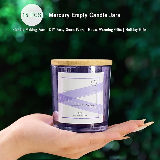 LAMORGIFT 15 Pack Glass Candle Making Jars with Lids (8oz, Purple) - Candle Containers for Making Candles - Mercury Glass Candle Jars Include 20 Pcs Candle Labels