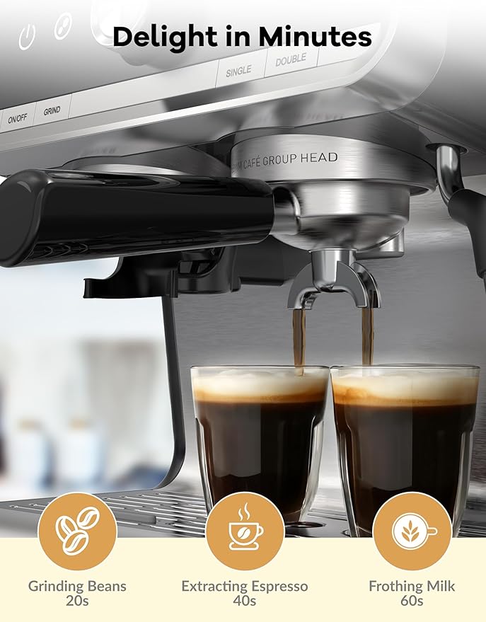 GarveeHome Espresso Machine With Grinder, 20 Bar Semi-Automatic Espresso Coffee Maker With Milk Frother Steamer Wand Cappuccino Latte Macchiato, 95 oz Water Tank, PID Temperature Control, Dark Gray