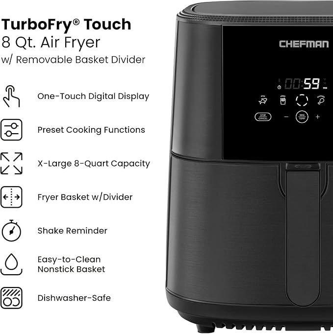 Chefman TurboFry Touch Air Fryer, 8-Qt. Family Size, with Divider Fryer Basket for Dual Cooking Action, One-Touch Digital Controls for Healthy Cooking, Nonstick Dishwasher-Safe Parts, Black