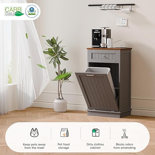 Betterhood Double Tilt Out Trash Cabinet with Power Outlet, 10 Gallon Trash Cabinet with Storage,Pet Proof Trash Can with 2 AC & USB Sockets for Kitchen,Living Room (Grey, Single Door)