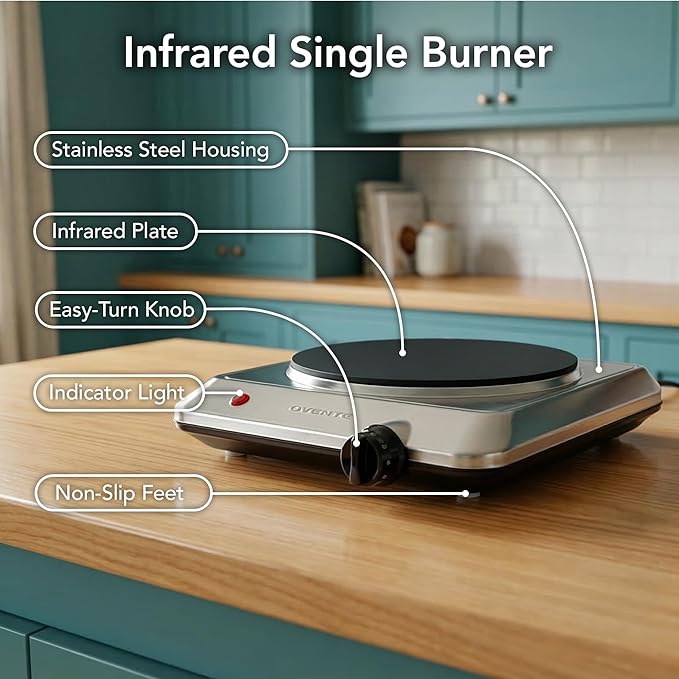 OVENTE Countertop Infrared Single Burner, 1000W Electric Hot Plate w/ 7.5” Ceramic Glass Cooktop, 6 Level Temperature Setting & Easy to Clean Base, Compact Stove for Home Dorm Office, Silver BGI201S
