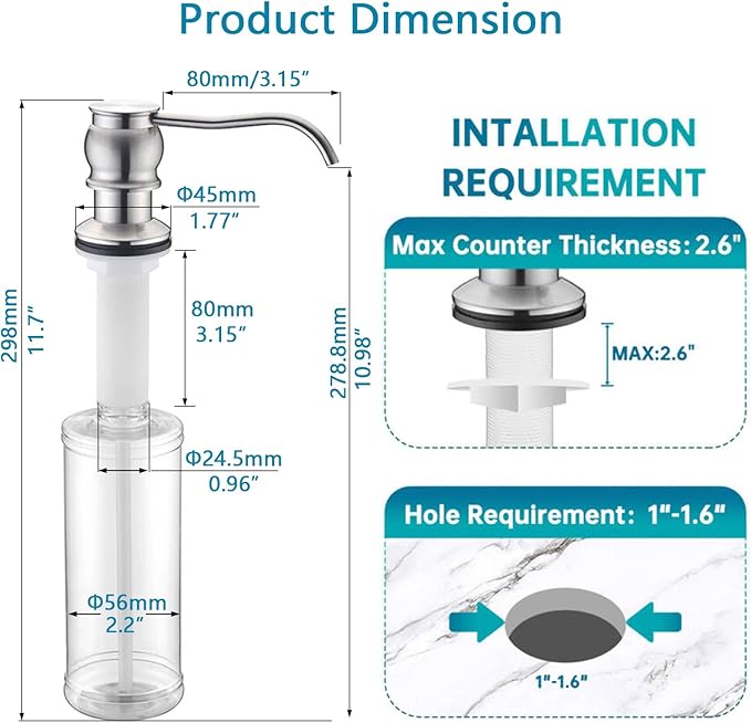 Built in Deck Mount Liquid Lotion Kitchen Countertop Metal Soap Dispenser, Brushed Nickel Brass Dispenser Pump with 500ml (17oz) High Capacity Bottle