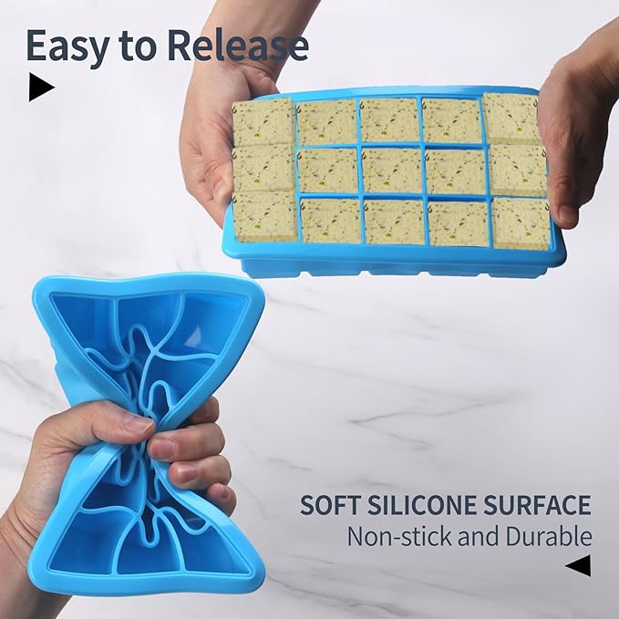 1/2-Cup & 2 Tbsp & 1 Tbsp Silicone Freezer Molds - Perfect for Storing Garlic, Herbs, Ginger, Pesto, Tomato Paste, Freezing Soup,Stews,Sauces,Purees and More - Silicone Food Freezer Tray(Blue 6 Pack)