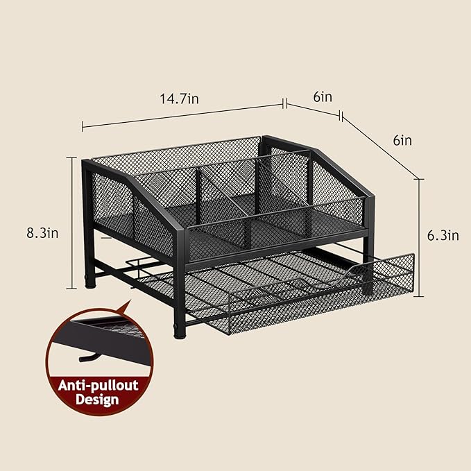 Homsorout Coffee Bar Organizer - Coffee Station for Countertop, Metal and Wood K Cup holder Storage Basket with Drawer for Syrup, Cups, Stirrer, Condiment, Tea Organizer, Black