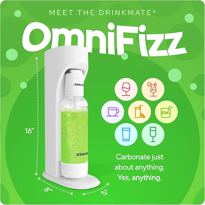 Drinkmate OmniFizz Sparkling Water Maker & Soda Streaming Machine | Carbonates Any Drink | BPA-Free Bottle | No Batteries or Electricity Required | CO2 Not Included (Classic White)