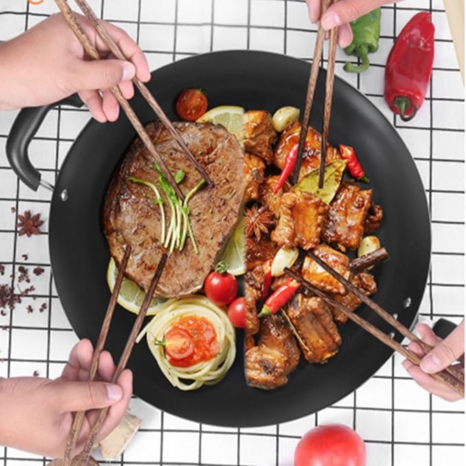 Wok Pan with Lid Nonstick Wok 30cm, Carbon Steel Woks Stir-Fry Pans, No Chemical Coated Flat Bottom Chinese Wok, for Electric, Induction and Gas Stoves