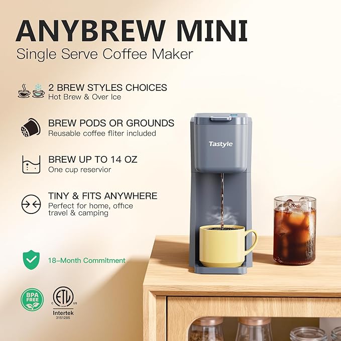 Tastyle Mini Hot and Iced Coffee Maker Single Serve, for K Cup and Ground, 6 to 14 Oz Brew Sizes, with Recipe Book, for Home, Travel, RV, Office and Dorm, Elegant Gray