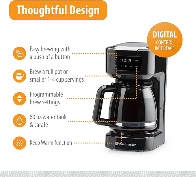 Toastmaster 12-Cup Digital Touchscreen Drip Coffee Maker - Programmable Automatic Coffee Machine - Kitchen Appliance with Keep Warm Setting