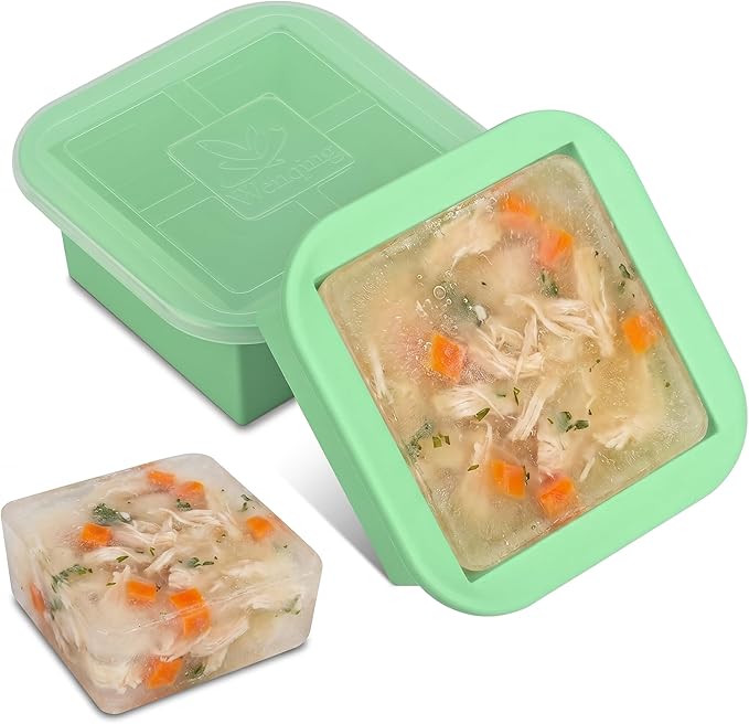 Silicone Freezer Tray with Lid 2 Pack Silicone Freezer Molds Ice Cube Tray Makes 2 Perfect 2 Cup Portions Soup Cubes Meal Prep Containers- Oven & Dishwasher Safe