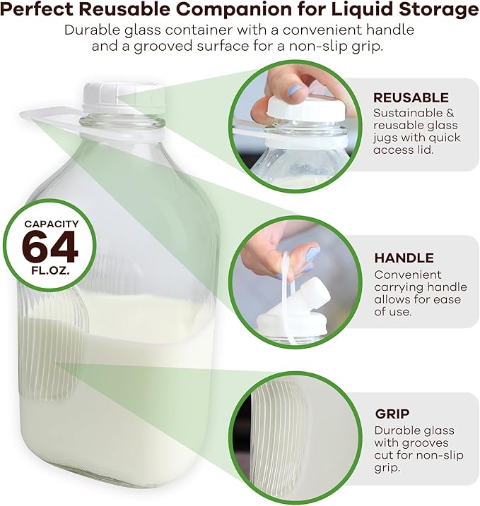 The Dairy Shoppe Heavy Glass Milk Bottles - Jugs with Lids, Silicone Pour Spouts - Clear Milk Containers for Fridge - Reusable Glass Milk Jug Dispenser - Made in USA (64 oz, 4 Pack)