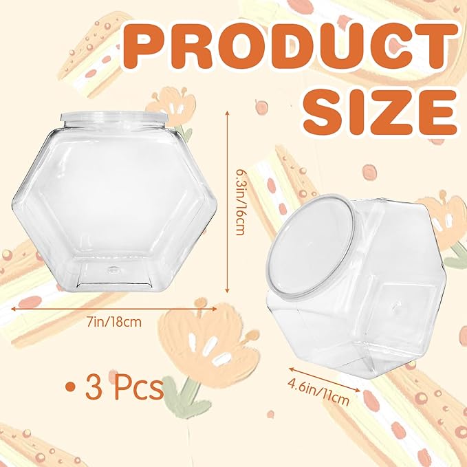 Woozettn 3 Pcs Plastic Candy Jars,Clear Cookie Jars 71 Oz for Kitchen Counter,Hexagon Cookie Jars with Lids,Plastic Dry Food Jar for Candy Buffet