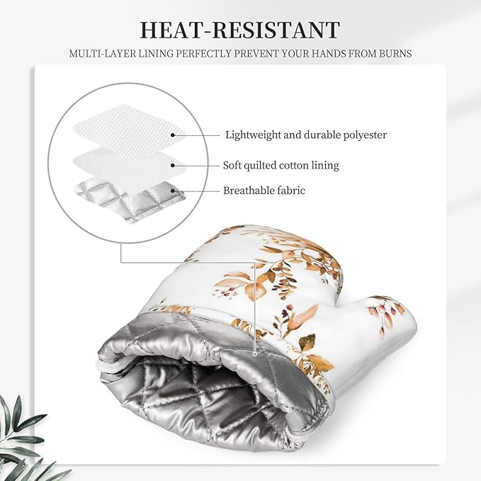 Orange Eucalyptus Oven Mitts and Pot Holders Set, 4pcs Silicone Fall Watercolor Plant Leaves with Floral Oven Glove for Kitchen Heat Resistant Oven Mitts and Potholders Non-Slip for Cooking