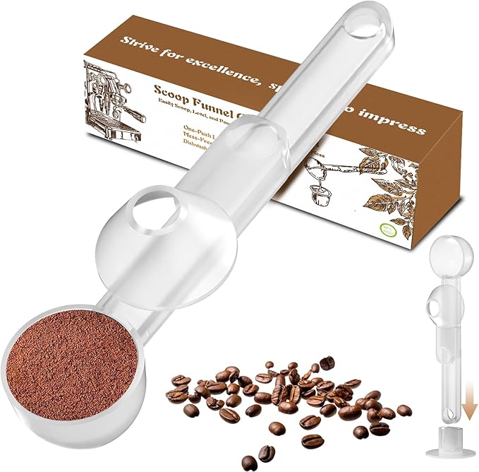 Coffee Scoop with Funnel for Ground Coffee, Protein Powder & Tea, for Reusable K Cup Refiller, 2TBSP Mess-Free, Funnel Design Prevents Spills (Translucent White, 1-Pack)