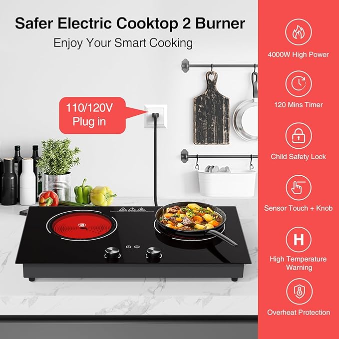 4000W Electric Cooktop: 24" Electric Stove 2 Burner Hot Plate Double Burner, Knob Control Countertop & Built-in, 9 Power Levels, Child Lock, Timer, Suitable for All Pans
