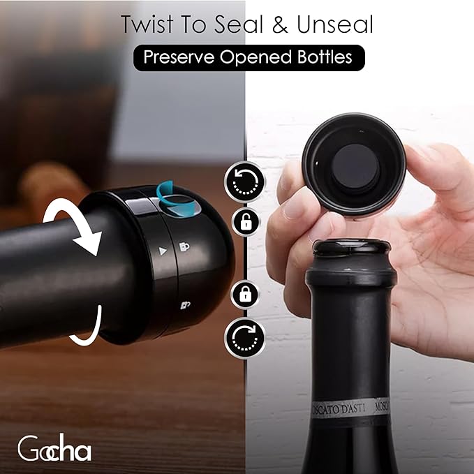 GOCHA | Champagne Stoppers With Vacuum Built-in | 1.5 inch Silicone Twist Top Wine Stopper | Reusable, Leak Proof (1 Wine + 1 Champagne Cork Stopper) | (Pack of 2)