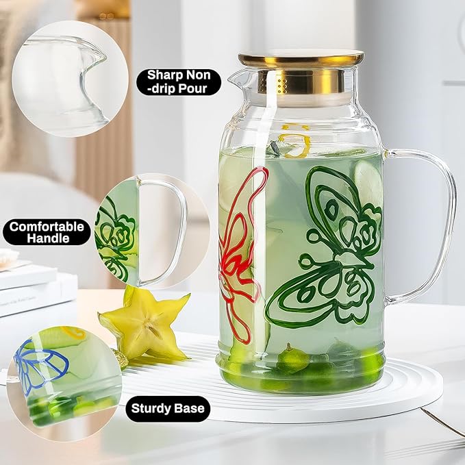Buaic Glass Pitcher with Lid and Handle,2 PACK 68 oz/2 Liter Vintage Hand Painted Butterfly Design Fridge Water Pitcher, Borosilicate Glass Water Carafe for Hot/Cold Water Iced Sun Tea,Heat Resistant