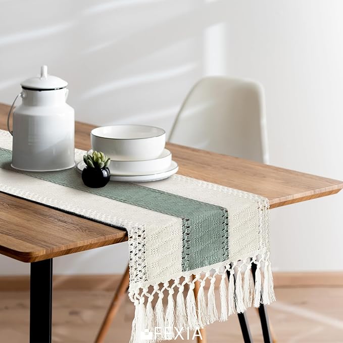 FEXIA Sage Green Table Runner 48 Inches Long with Tassels Boho Macrame Farmhouse Table Runners for Home Decor Party Bohemian Rustic Bridal Shower Dining Decorations (12x48 Inches)