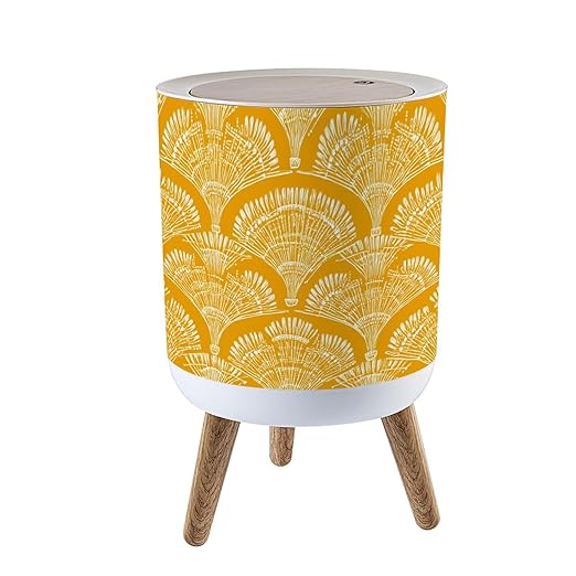 Trash Can with Lid seamless repeat abstract bohemian geometric white mustard yellow Press Top Round Small Garbage Bin with Wooden Legs Waste Basket for Kitchen Bedroom Nursery 7L/1.8 Gallon