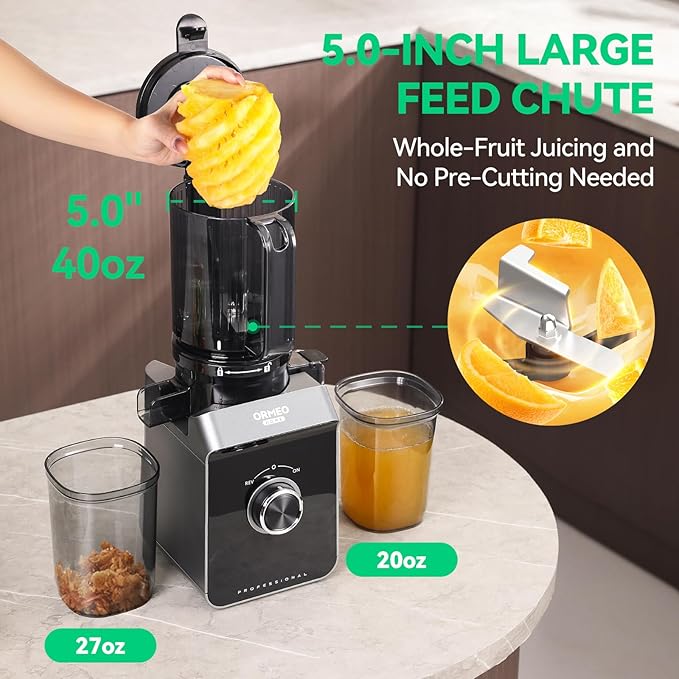 Cold Press Juicer, ORMEO HOME Masticating Juicer Machines with 5.0"Large Feed Chute Fit Whole Vegetables & Fruits, with Pulp Seperation, 99.6% Juice Purity, Quiet Motor, Easy to Clean,BPA Free